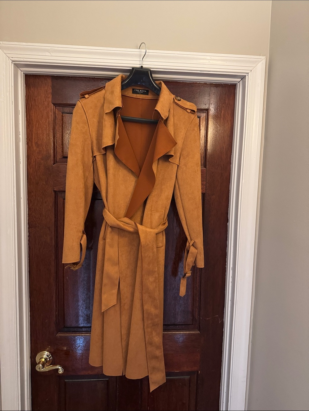 Women's Camel Faux Suede Trench Coat with Self-Tie Belt